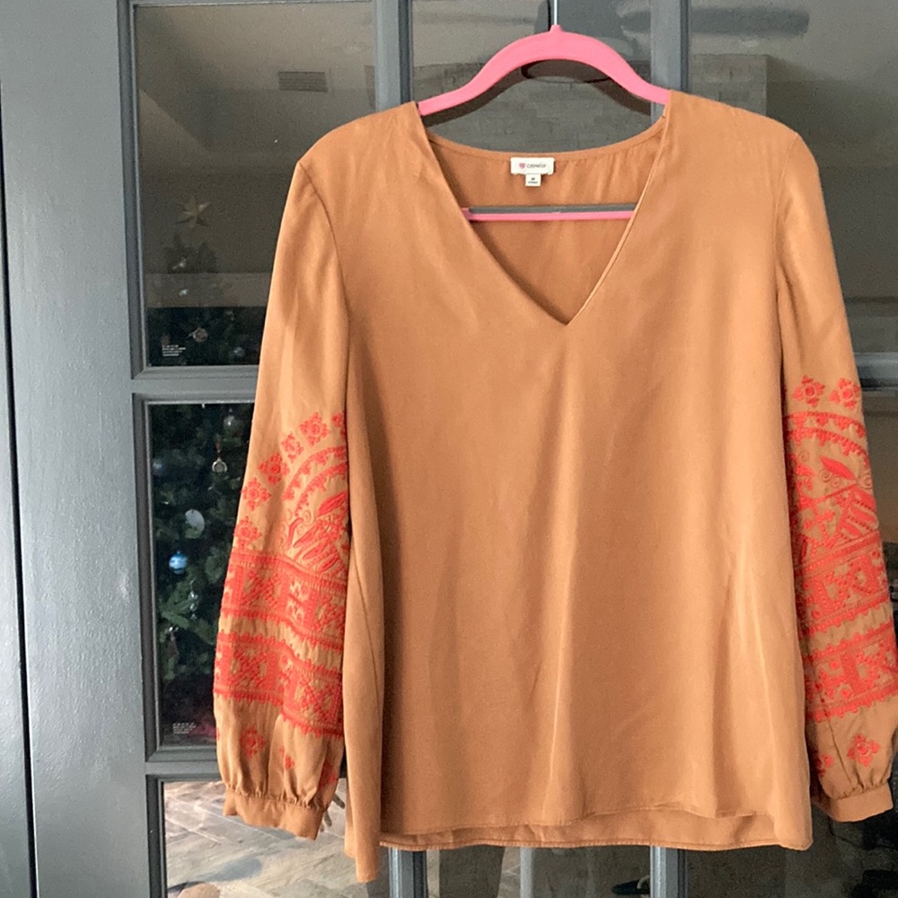 Cremieux tencil top with amazing embroidery on sleeves